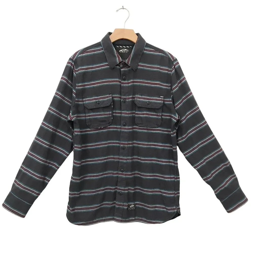 Vans Flannel Shirt Mens Medium Gray Striped Button Up Long Sleeve 100% Cotton